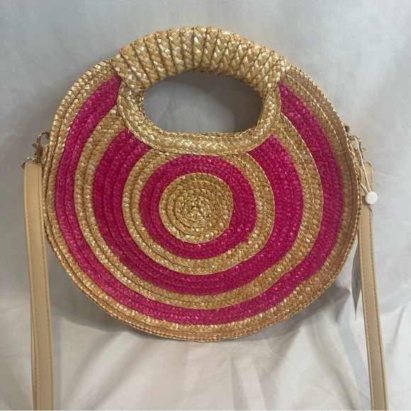 Mud Pie NWT Round Straw Bag with Hot Pink Circles Shoulder Strap and Handles - Picture 4 of 16